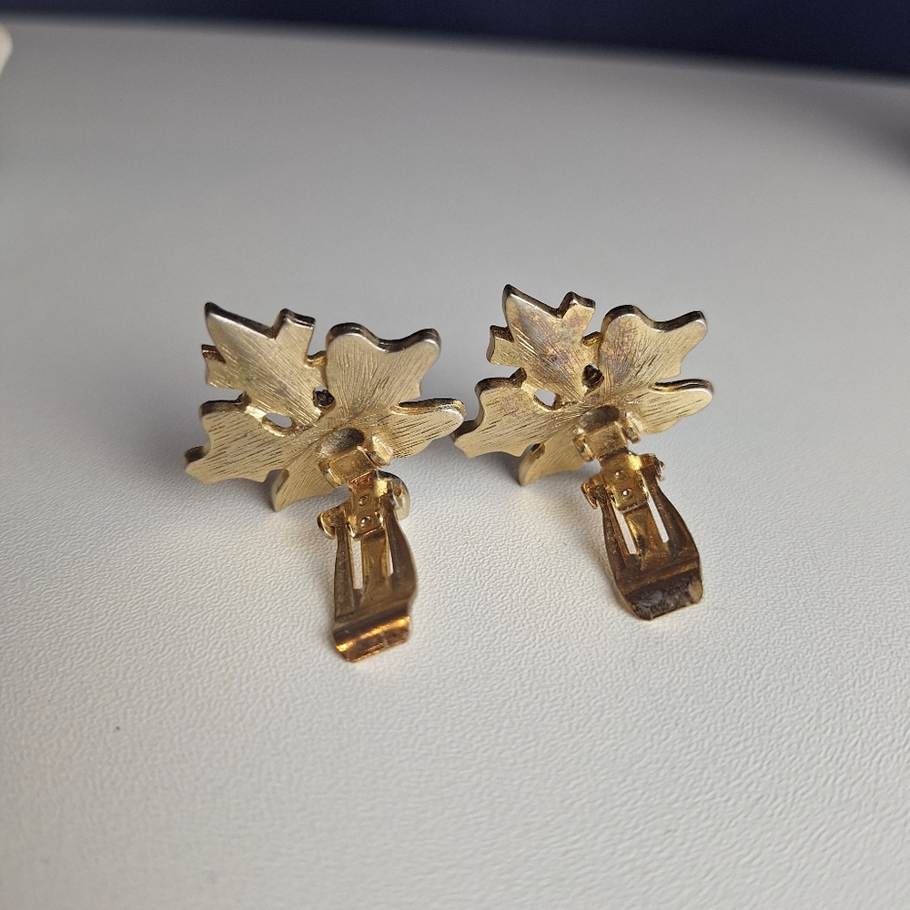 Vintage Pandora Clip On Earrings Floral Leaves Clip On Gold Tone Signed Estate View 5